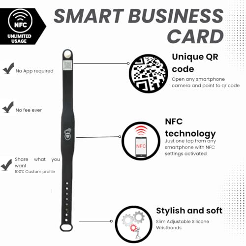 QRLynk Tap Wristband - NFC Tags Digital Business Card - Tap NFC & Scan QR Code Bracelet - No Fee, No Subscription - Works on iPhone, Android(Black, Pack 1)