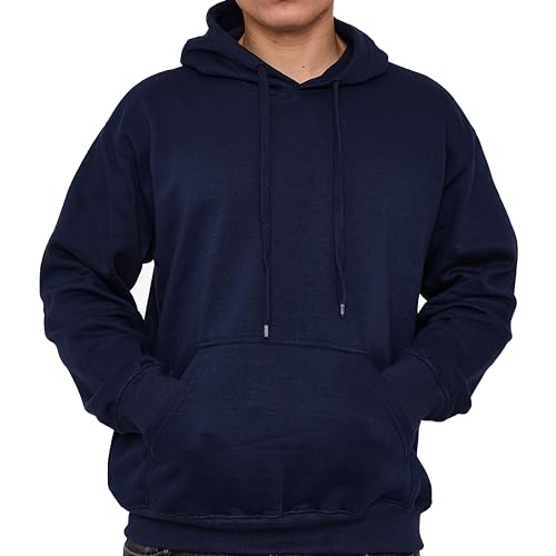 LABEL APPAREL Mens Pullover Fleece Hoodie 300GSM Sweatshirt Plain Hoody Work Hooded Jumper Ribbed Cuff Long Sleeve Pull Over Top, Navy, 4XL