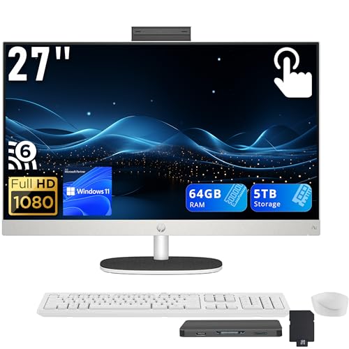 Image of HP 27 inch FHD Touchscreen All-in-One Desktop, Ryzen AI 7 350, 64GB DDR5, 5TB Storage (4TB SSD+1TB Docking Station), AMD Radeon 680M, Wi-Fi 6, Webcam, Wireless Keyboard & Mouse, Win 11 Home, White