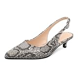AUMOTED Elegant Slingback Kitten Heels for Women Snakeskin Print Pumps with Beaded Pointed Toe US Size 10