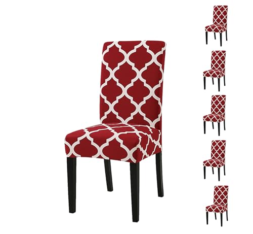 Image of Dining Chair Covers Set of 6, Stretchable Removable Washable Anti-Slip Universal Fit Printed Polyester Spandex Slipcovers (Red Diamond)