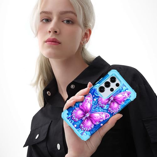 LONTECT for Galaxy S24 Ultra 5G Case Shockproof 3 in 1 Heavy Duty Rugged Hybrid Sturdy High Impact Drop Protective Cover Flower Case for Samsung Galaxy S24 Ultra 5G 2024,Sky Blue - image 6