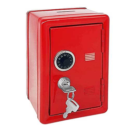 Kid Safe Piggy Bank, Metal Safe with Key, Money Saving Box for Children, Boys Girls Best Gift (Red - Rectangular)