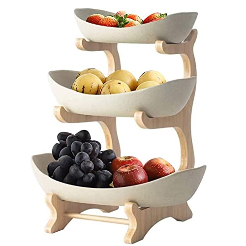 Moolo Obstkorb Etagere Keramik 2/3 Stöckig Porzellan Obstteller Obstschale mit Natürlichem Bambus Ständer Servierteller für Obst Kuchen(Size:3 Layer,Color:Cremefarben) Cover