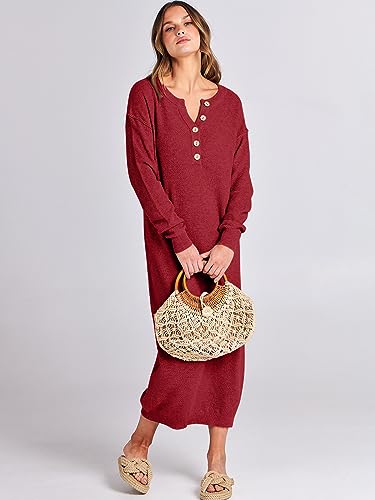 Image of ANRABESS Women Long Sleeve Button V Neck Oversized Casual Loose Fit Waffle Knit Fall Midi Sweater Dress 2026 Trendy Outfits