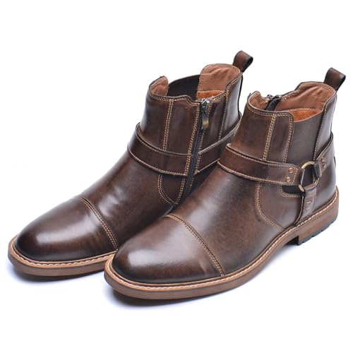 Men's Genuine Leather Dress Chelsea Boots with Belt Buckle Classic Cap Toe Side Zipper Chukka Boots Comfortable Business Casual High Top Formal Oxford Shoes2