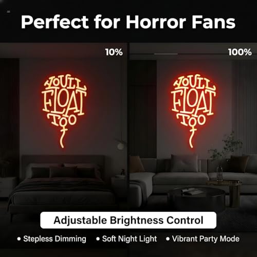 Image of You'll Float Too Neon Sign, Dimmable LED Wall Light, USB Powered Horror Movie Decor for Gothic Room, Creepy Clown Fans, Spooky Halloween Wall Art & Scary Gift