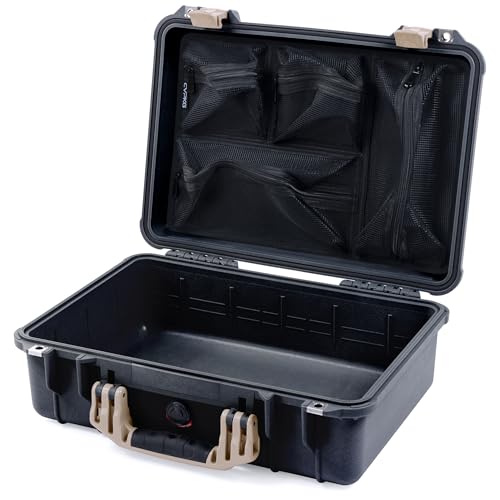 ColorCase Pelican 1500 Case Black - Medium Size Waterproof Case with Mesh Lid Organizer Only - Desert Tan Handles & Latches