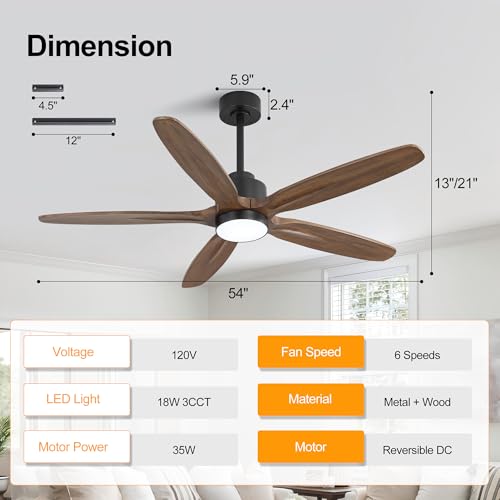 Image of WINGBO 54 inch Ceiling Fan with Light - 5 Carved Solid Wood Blades, 6-Speed Reversible DC Motor, Dimmable, 3CCT, Noiseless Remote Control Ceiling Fans with Lights for Bedroom Living Room, Black and Wood