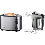SEVERIN Automatik-Toaster, Inkl. Brötchen-Röstaufsatz, 2 Röstkammern, 850 W, AT 2514, Edelstahl/Schwarz & Handmixer mit Spiralkabel, ca. 400 W, HM 3832, Silber/Schwarz