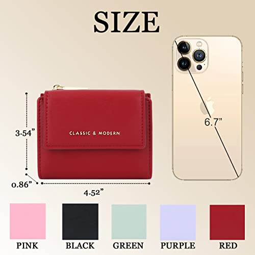 Sunwel Fashion Small Wallet Flapover Bifold Wallet Zipper Pocket Cash Card ID Window Coin Purse for Women Girls (RED)4