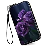 RAUEDWDJS Women's Wallets,Credit Card Holder Money Leather Long Wallet with Wristlet,Large Capacity with Zip-Around Phone Purse for Women Ladies Girls,Three Purple Roses