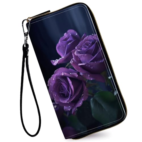 RAUEDWDJS Women's Wallets,Credit Card Holder Money Leather Long Wallet with Wristlet,Large Capacity with Zip-Around Phone Purse for Women Ladies Girls,Three Purple Roses
