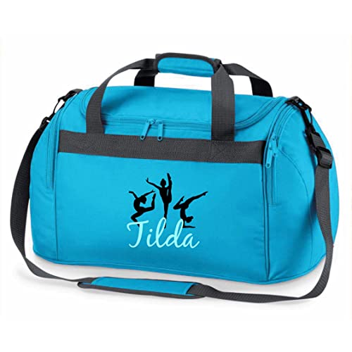 Kinder-Sporttasche Gymnastik mit Namen Bedruckt | Personalisierbar mit Motiv Turnerin Boden-Turnen | Reisetasche Duffle Bag zum Umhängen für Mädchen (türkis)