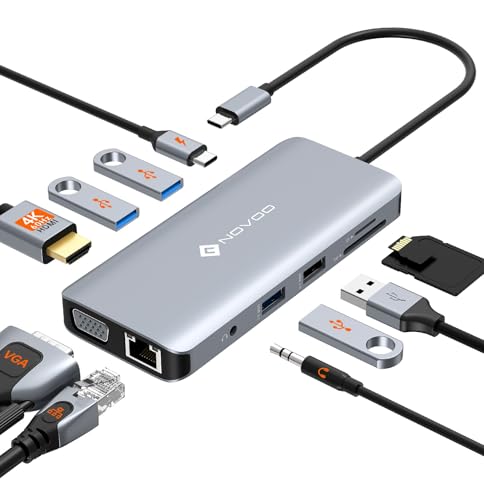 USB C Docking Station, NOVOO 11 en 1 Hub USB C Adaptador multipuerto con 4K@60Hz HDMI, 4 Puertos de Datos USB-A, SD/TF, Ethernet de 1 Gbps, VGA, PD 100W, 3,5 mm para MacBook, DELL, HP, Lenovo Thinkpad