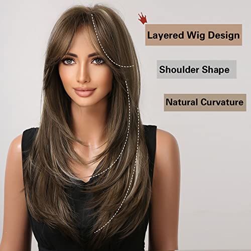 Dorojj Brown Wig For Women Long Brown Wigs Highlight Brown Wigs With Bangs Layered Wigs For Daily Use (Brown With Highlight) #TOP1