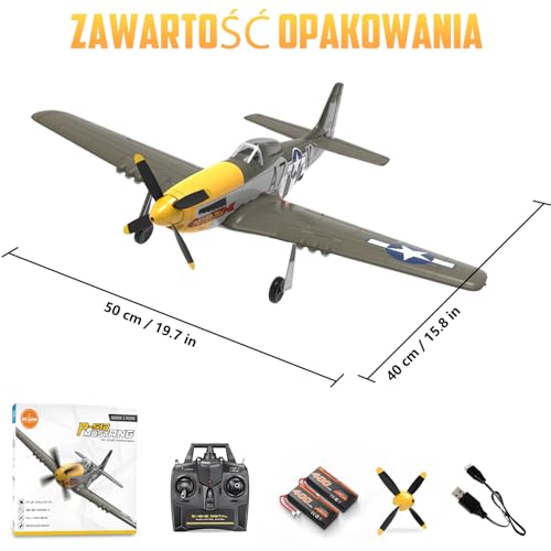 HAWK'S WORK Samolot RC P-51D Mustang 500mm, 4-kanałowy Zdalnie Sterowany Warbird RTF, Silnik Bezszczotkowy 6-osiowy Żyroskop 3 Tryby Lotu, Łatwy w Pilotażu dla Początkujących Chłopców i Dorosłych