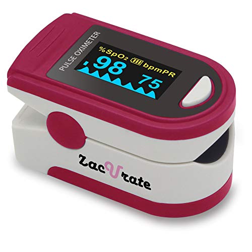 Zacurate Pro Series 500D Deluxe Fingertip Pulse Oximeter Blood Oxygen Saturation Monitor with Silicon Cover, Batteries and Lanyard (Ruby Red)