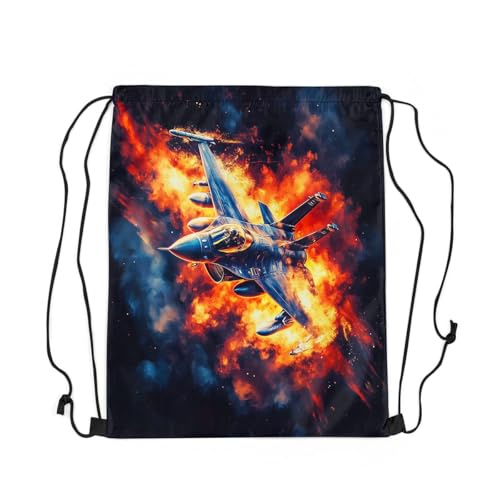 Castle Fairy Aircraft Drawstring Backpack Bags,Military 3D Airplane Gym String Sackpack Bag,Modern Fighter Plane Waterproof Cinch Bag 13"x16"2