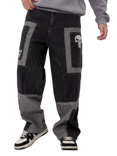 Image of The Souled Store Punisher: Charcoal Denim Men and Boys Buttoned Grey Printed Cotton Super Baggy Fit Jeans
