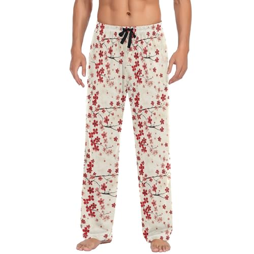 ALAZA Retro Cherry Flowers Stars Men’s Pajama Pants Soft Long Sleep Pants Lounge Pajama Bottoms with Pockets