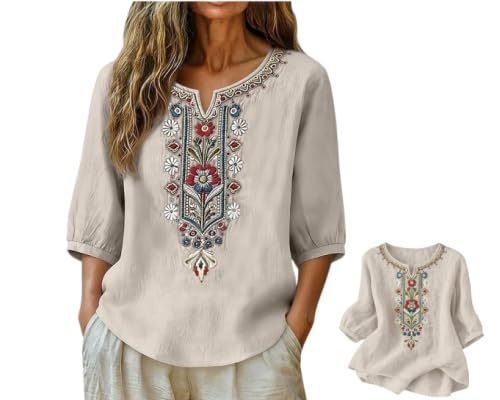 Embroidered Shirts For Women Casual Summer 3/4 Sleeve Boho Cotton Linen Mexican Peasant Shirts Vintage Floral Blouse (Beige,L)