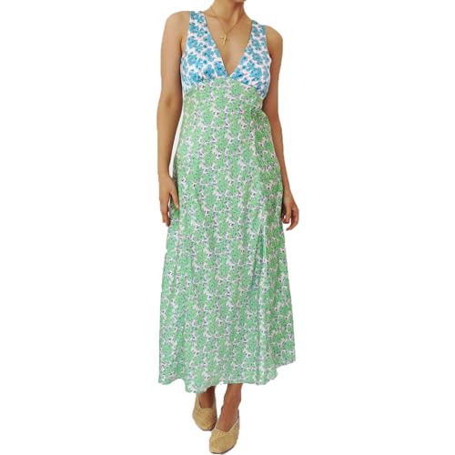 Image of Women Midi Dress Bohemian V Neck Long Dress Sleeveless Floral Print Maxi Dress, Women Y2k Floral Deep V Neck Maxi Dress