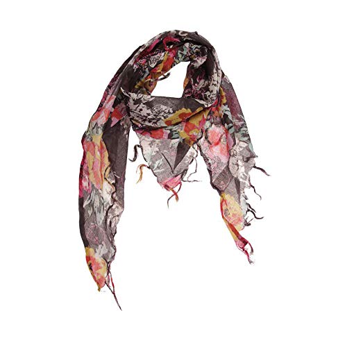 Lenço Triagular Floral Preto e Rosa c/Franja Algodão 130x80x80 cm