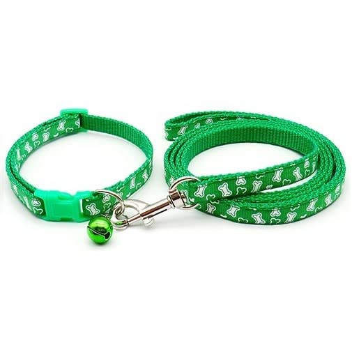 Small Dog Puppy Pet Collar and Lead Set White Bone Design Nylon Adjustable Size 19-32cm Collar with Bell and 120cm Leash Green - Image 2