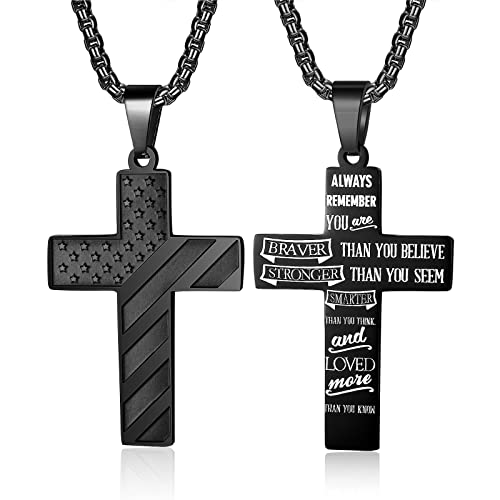 ZRAY American Flag Cross Necklace for Men Stainless Steel Chain 24inch Bible Verse Pendant Patriotic Jewelry Inspirational Christian Gift for Men