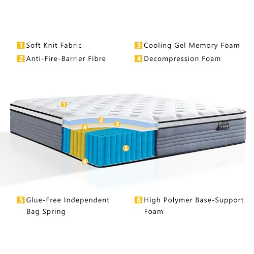 Queen Mattress, 14 Inch Queen Size Mattresses, 14 Inch Hybrid Pocketed Coil Mattress in a Box, CertiPUR-US Certified