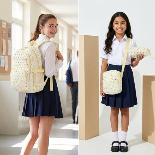 Image of PALAY School Bag for Girls Yellow Polka Dot Backpack with Crossbody Bag & Pencil Pouch Large Oxford Cloth Daypack Set Waterproof Multi-compartments Bookbag for Primary, Elementary, Middle School