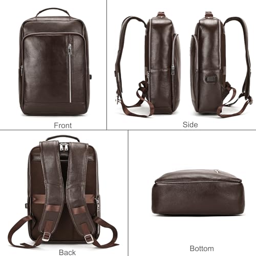 Genuine Leather Backpack Men Casual Daypack 15.6 Inch Laptop Rucksack Business Travel Outdoor Shoulder Bag with Trolley Sleeve (Coffee)3