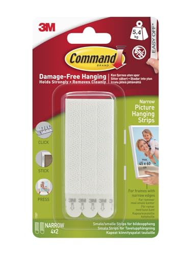 Command Narrow Picture Hanging Strips (17207) – 1 pack of 4 pairs package may vary , White