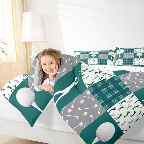 Image of Feelyou Golf Comforter Set Queen Size Green Plaid Buffalo Check Geometric Bedding Set for Kids Boys Girls Sports Theme Duvet Quilt Bedroom Decor Microfiber 3 Pcs with 2 Pillow Cases
