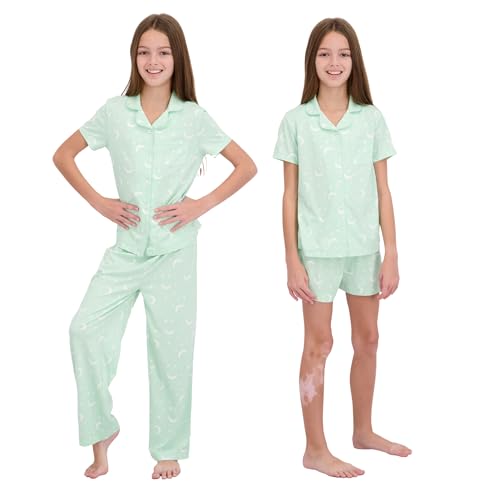 Image of US Angels Girls Pajama Set 3 Piece, Short Sleeve Button Down PJs with Shorts & Pants, Soft Sleepwear Girls & Tweens Size 5-16
