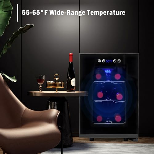 Iceblue Wine Fridge, Digital Temperature Control White & Red Wine 6 Bottle Wine Cooler with Wine Rack, Champagne Wine Cooler Refrigerator for Bar, Home, Kitchen, Gift - Black
