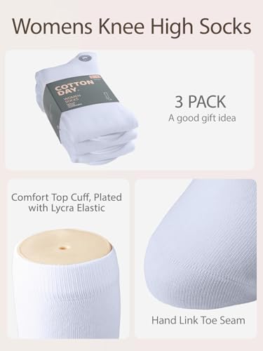 Image of COTTON DAY Women's Soft Combed Cotton Knee High Long Calf Dress Socks Seamless Toe Black White Gray Navy Blue Brown 3 Pack