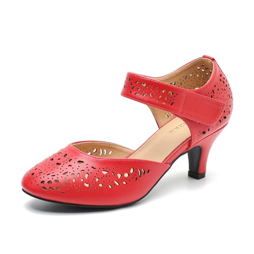 Image of Women's Comfortable Mary Jane Pumps Vintage Cutout Closed Toe Kitten Heels for Dressy Office Work
