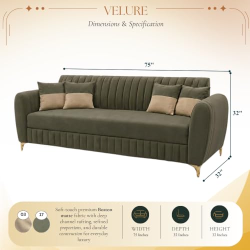 Image of CASASTYLE Signature Velour 3 Seater Sofa Set | Boston Matte Fabric | 40D Foam + Zigzag Spring | 3-Yr Warranty (Olive Green)
