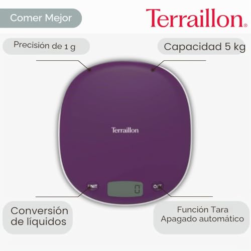 Miniatura 2 de Terraillon - Balanza De Cocina Electrónica - Tara, Conversión De Líquidos - Mango Integrado - Capacidad 5 Kg, Precisión 1g - Modelo Macaron , Ciruela