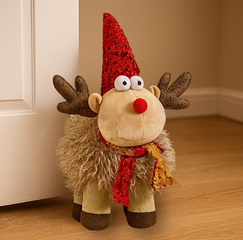 Marco Paul 38cm Christmas Reindeer Ornament - Freestanding Weighted Plush Deer with Sequin Santa Hat - Novelty Christmas Decorations for Decorative Door Stop, Home Decor, Centrepiece & Gift Idea