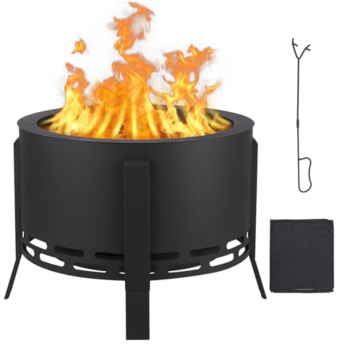 26" Smokeless Fire Pit with Ash Tray Base,Smokeless Outdoor Firepits with Adjustable Foot&Fire Poker,Firepit with Dust Bag,Outdoor Fire Pits for BBQ,Bonfire,Camping