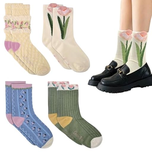 TNSLAND 4 Pares Calcetines Mujer Vintage de Tulipán, Divertidos y Bonitos de Algodón, Estampados para Niña y Women Socks | Ya disponible en tu tienda friki favorita! En mundofriki.es!
