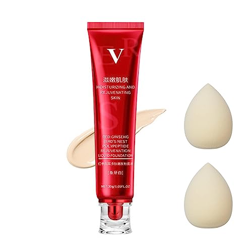 FV Red Ginseng and Bird’s Nest Peptide Skin Nourishing Foundation, Red Ginseng Liquid Foundation, Waterproof Concealer Foundation Long-Lasting Moisturizing (Ivory)