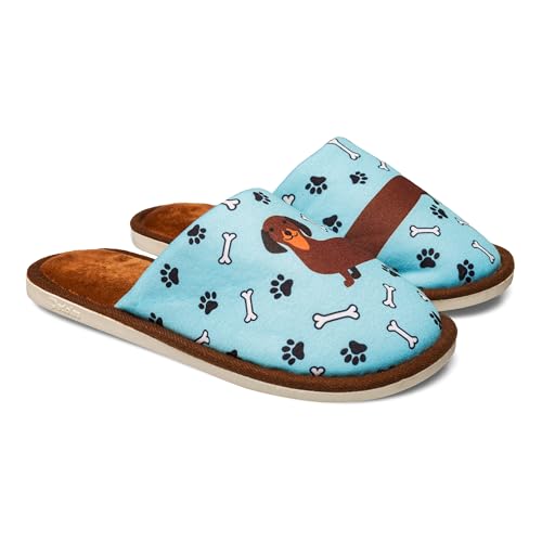 Dedoles Hausschuhe Damen Herren & Kinder Memory-Foam viele lustige Designs Einhorn Musik Regenbogen Comics Spiele Geschenk, Farbe: Blau, Motiv: Langer Dackel, Gr. 38-39 EU