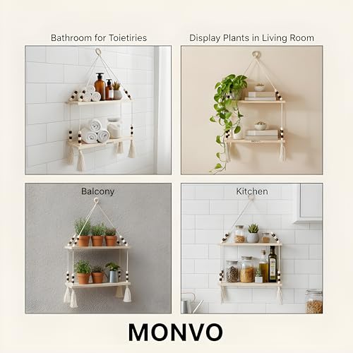 Image of 2-Tier Hanging Shelf with Wall Hook, Use Decor Plants, Books, Decorative Gift Items Nursery Livingroom Wooden Beads & Ring, Tassels Woven Bohemian
