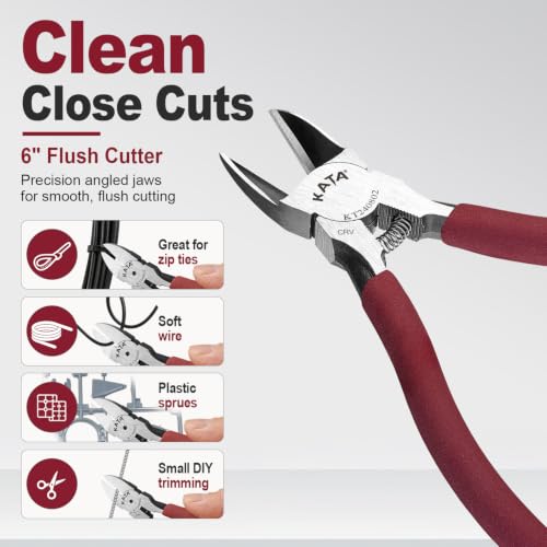 Image of KATA 6 Inch Wire Cutters, Flush Side Cutters for 12 AWG Soft Wire, Crafting | Spring Loaded Metal Snipper, Diagonal Cutter Plier for Jewelry Making, Zip Ties, Floral Wire, Plastic Sprues, Home DIY Repair