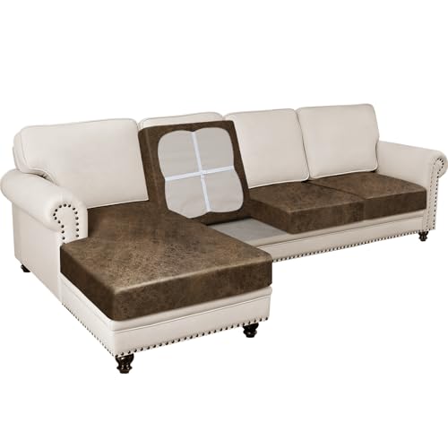 Pfrstuv 4PCS Couch Cushion Covers for Sectional Sofa Leather Look L Shape Couch Both Left/Right Chaise Lounge Separate Cushion Sofa Seat Slipcovers (3 Seater + 1 Chaise, Brown)