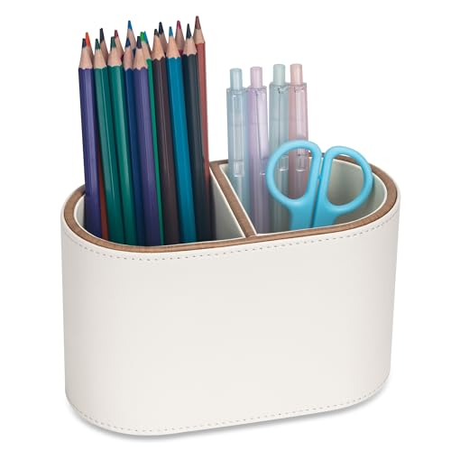 PIRXXIY PU Leather Pen Holder, 2-Compartment Pencil Cups, Multifunctional Desk
